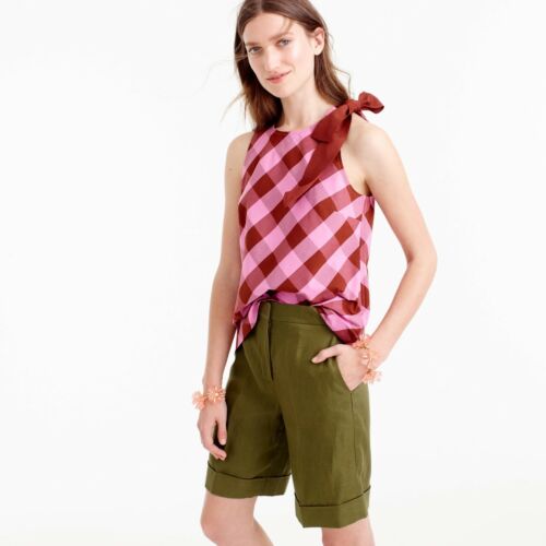 NWT J Crew Pink Brown Gingham Plaid Bow Tie Shoulder Tank Top Blouse Size 10