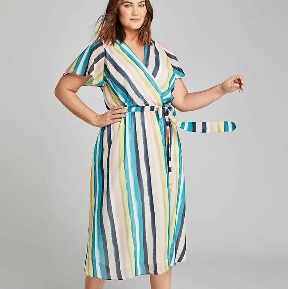 NWT Lane Bryant Watercolor Striped Tie Waist Midi Dress Size 16 Blue Yellow