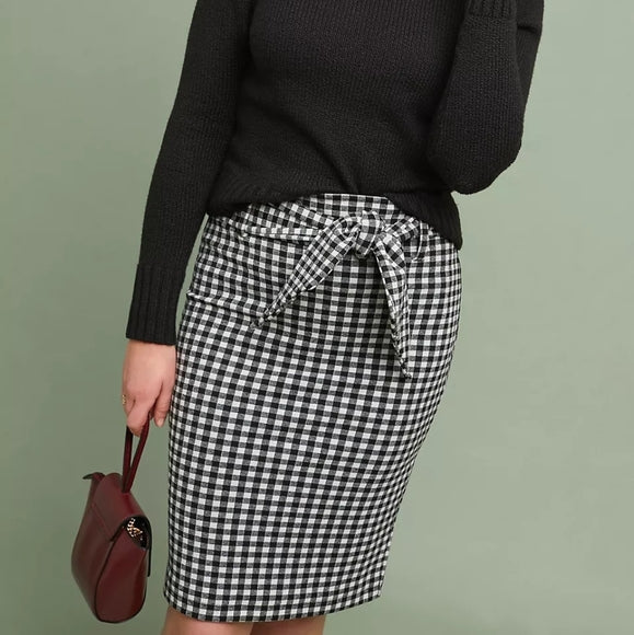 Maeve Anthropologie Black White Gingham Plaid Tie Waist Pencil Skirt Size XS