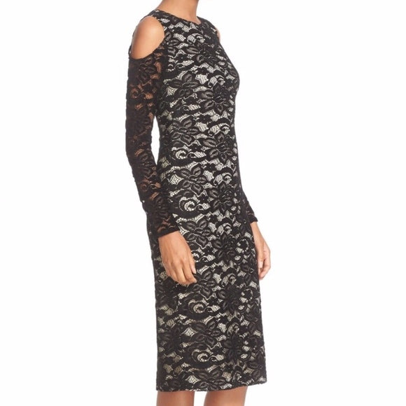 NWT $395 Alice and Olivia Laila Black Lace Illusion Cold Shoulder Dress Size 6