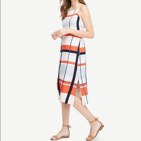 NWT $149 Ann Taylor Picnic Plaid Linen Blend Midi Dress Size 2 Sleeveless Stripe