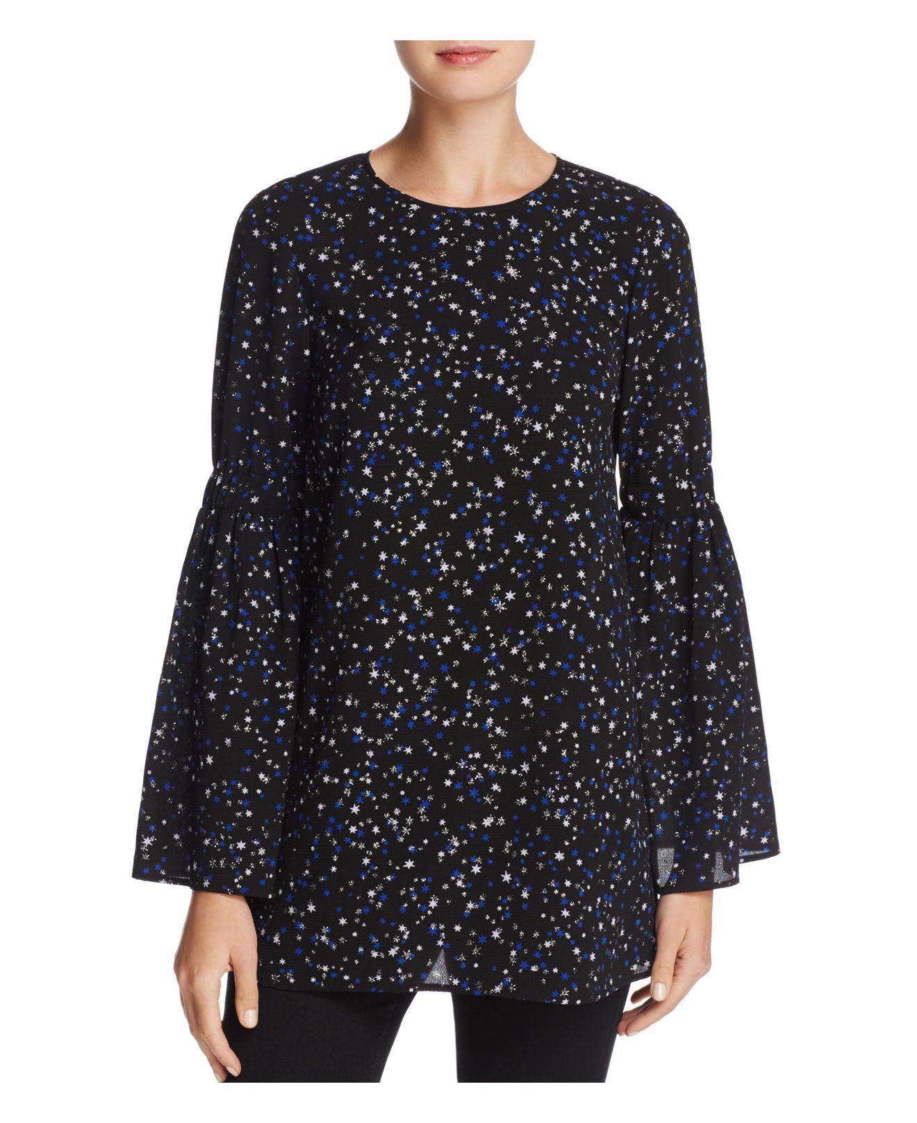 NWT Michael Kors Black Blue Silver Shimmer Star Print Bell Sleeve Top Blouse S Long Sleeve