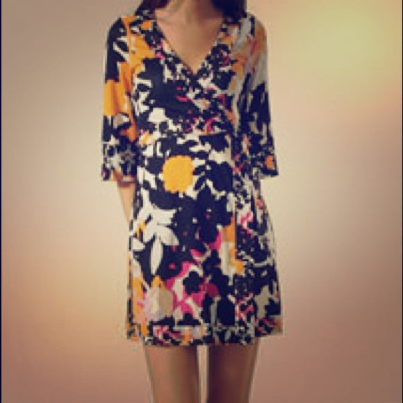 Diane Von Furstenberg Renny Colorful Floral Silk Jersey Wrap Dress Size 2 Black