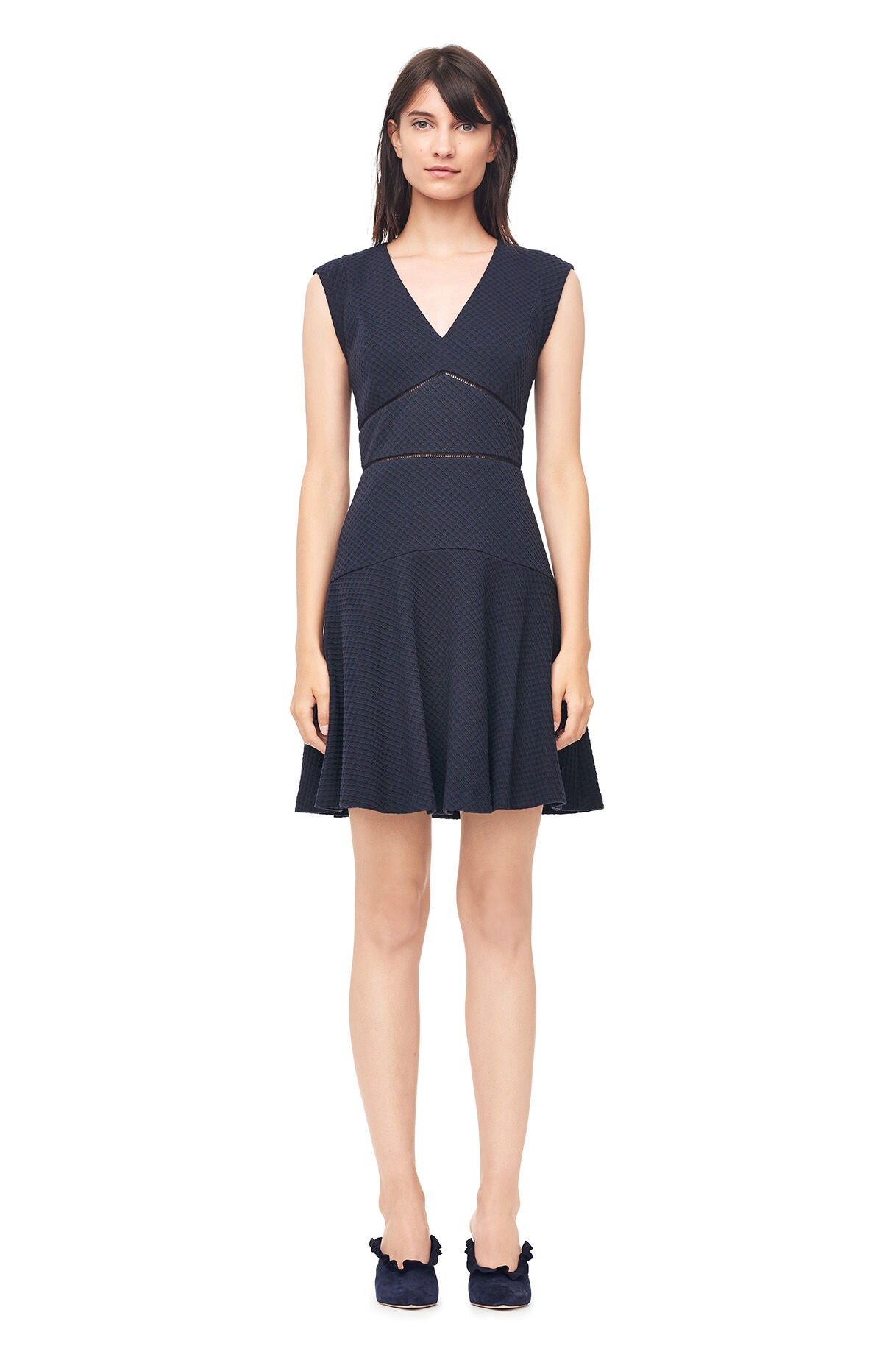 Rebecca Taylor Taylor Dress Navy Blue Textured Knit A Line Eyelet Cutout Size 6