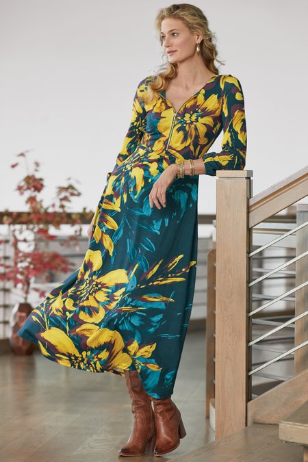 Soft Surroundings Gemma Botanical Floral Knit Maxi Dress Size L Teal Yellow