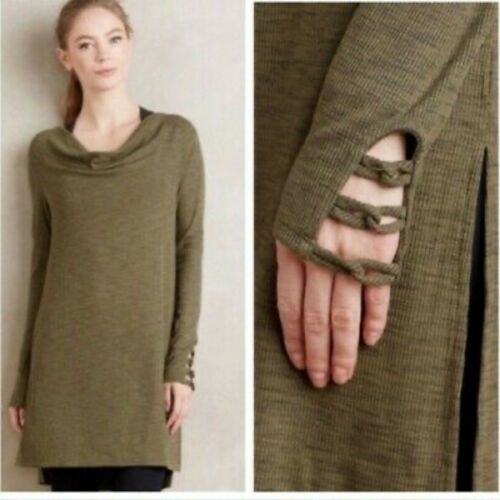 Pure + Good Anthropologie Olive Green Ribbed Cowl Neck Knit Tunic Size XS