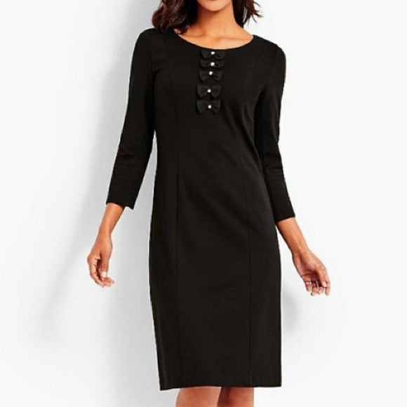 NWT Talbots Limited Edition Black Bow Pearl Accent 3/4 Sleeve Dress Size 6P Knit
