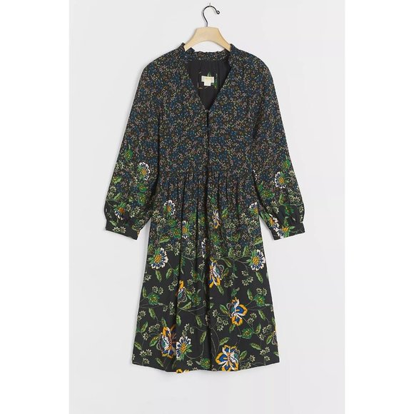 Maeve Anthropologie Dulcie Black Floral Midi Shirt Dress Size XSP PXS