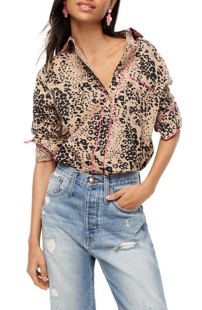 J Crew Brown Tan Black Leopard Print Button Down Shirt Blouse Linen Pink Trim S Long Sleeve