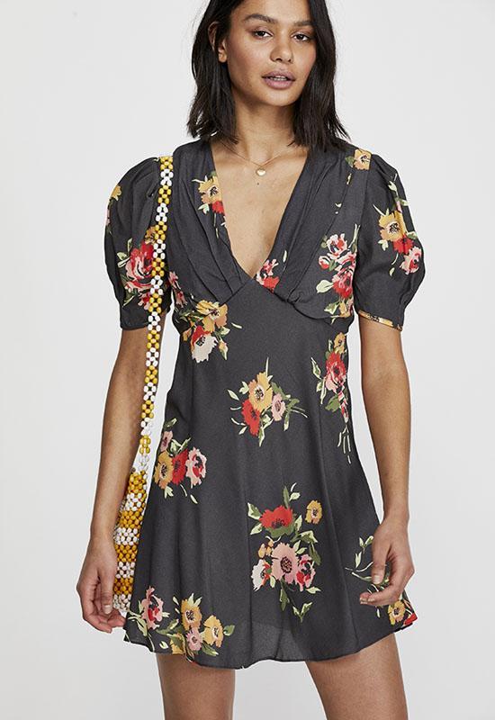 Free People Neon Garden Black Floral Print Mini Dress Size 8 V Neck Multi Color