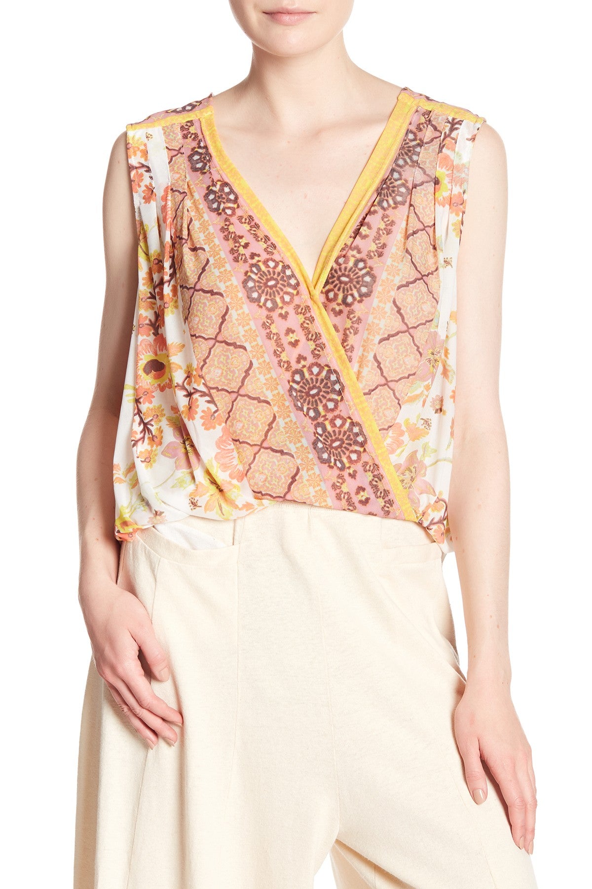 Free People Mesh Floral Print Havana Muscle Tank Hi Lo Sz XS Draped White Yellow