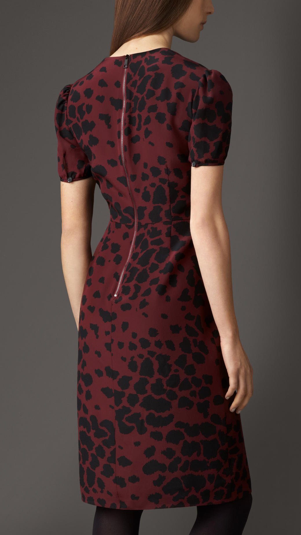 Burberry London Burgundy Red Black Leopard Print Silk V Neck Sheath Dress Size 2