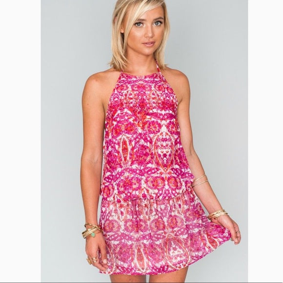 Show Me Your Mumu Hammock Scrunch Halter Mini Dress Size S Pink Multi Open Back