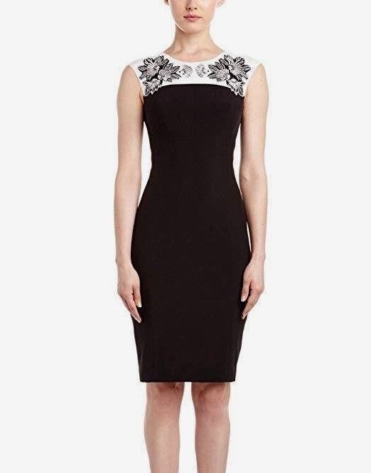 Karen Millen Black White Floral Embroidered Embellished Sheath Dress Size US 6