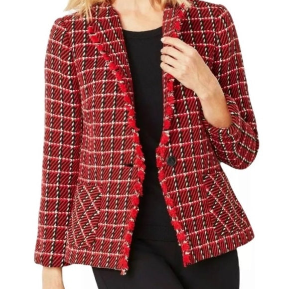 Talbots Womens Red Black White Plaid Tweed Fringe Trim Blazer Jacket Size 18