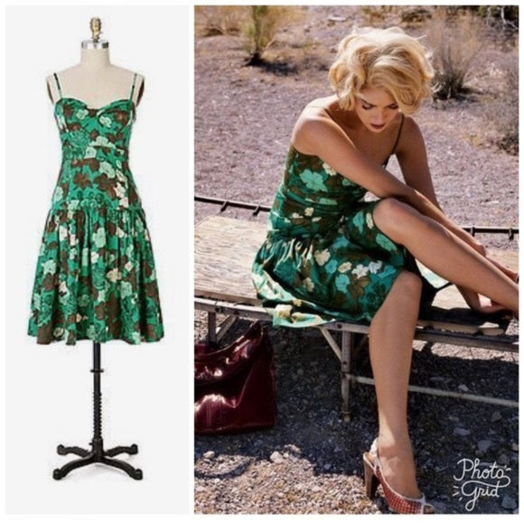 Moulinette Soeurs Anthropologie Foothills Green Floral Tiered Dress Size 2 Retro