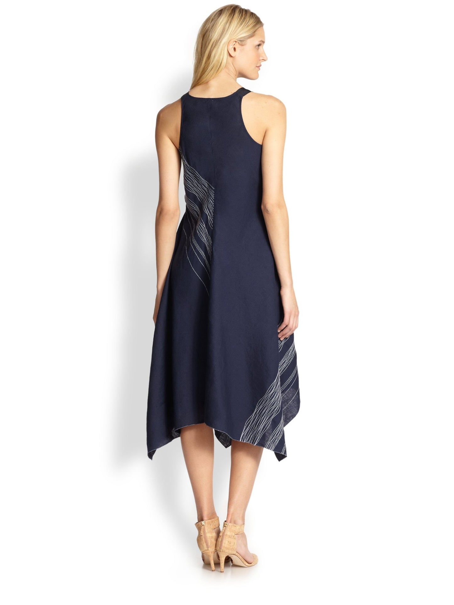 NWT Eileen Fisher Navy Blue Irish Linen Asymmetric Handkerchief Hem Dress Sz XS