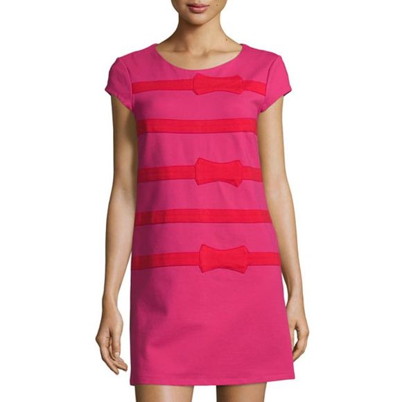 NWT Julie Brown NYC Pink Red Bow Striped Cap Sleeve Shift Dress Size S Holiday