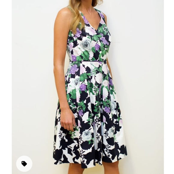 Talbots x Oprah Floral Hydrangea Fit and Flare Dress Size 8 Black Purple Green