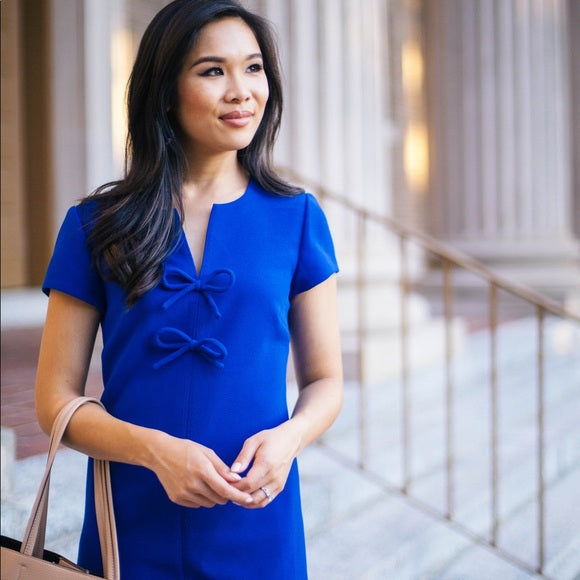 J Crew Royal Blue Bow Accent Presentation Shift Dress Size 2 Cap Sleeve