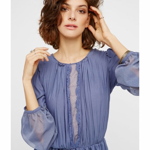 NWT Free People Soul Serene Dusty Blue Mesh Lace Inset Top Blouse Size S Boho Long Sleeve