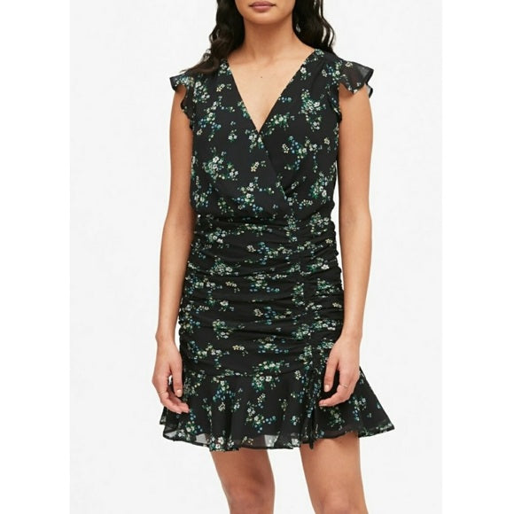 Banana Republic Black Floral Print Ruched Mini Dress Size 12P Flutter Green Blue
