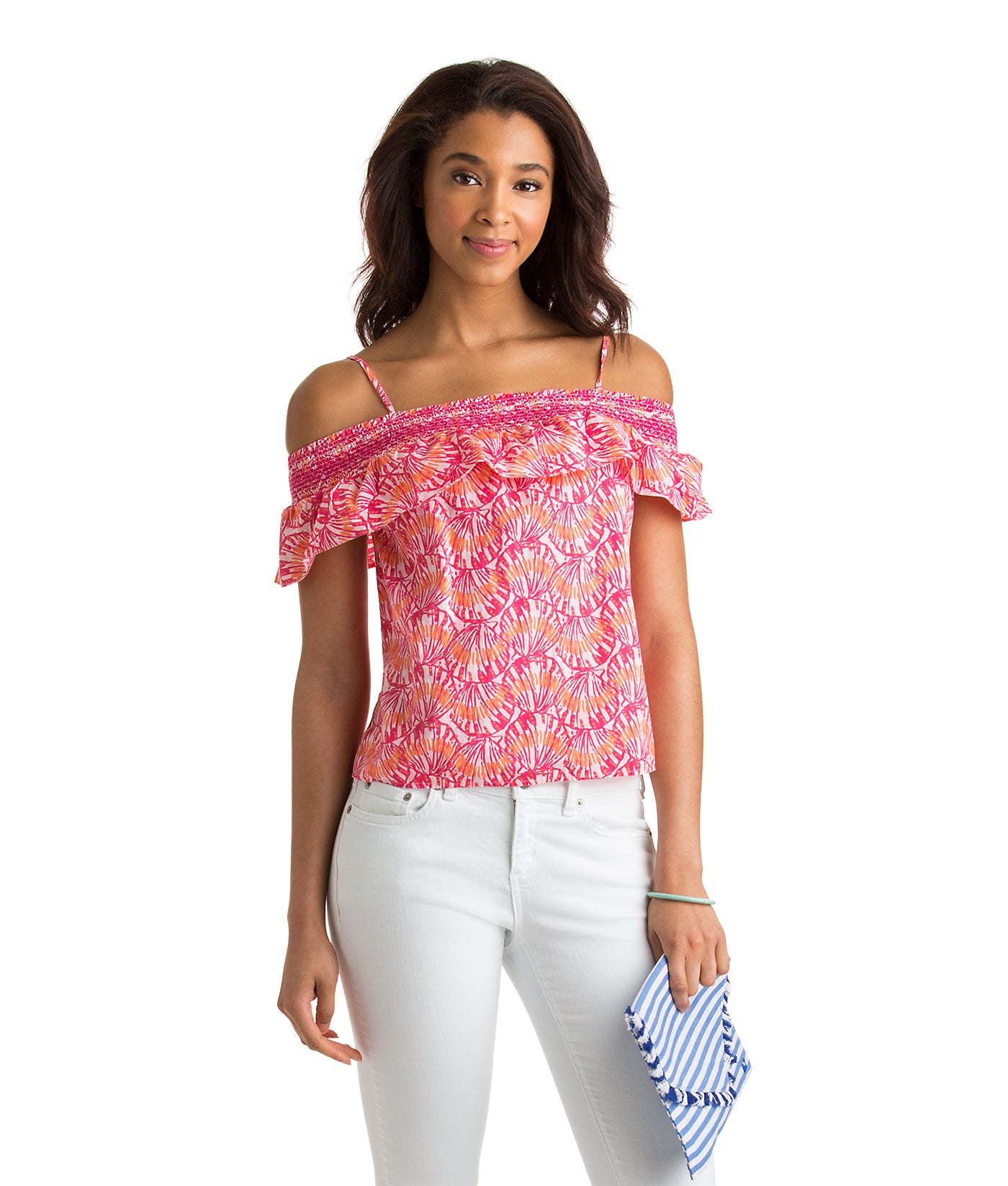 Vineyard Vines Pink Orange Seashell Print Off the Shoulder Top Blouse Size XS