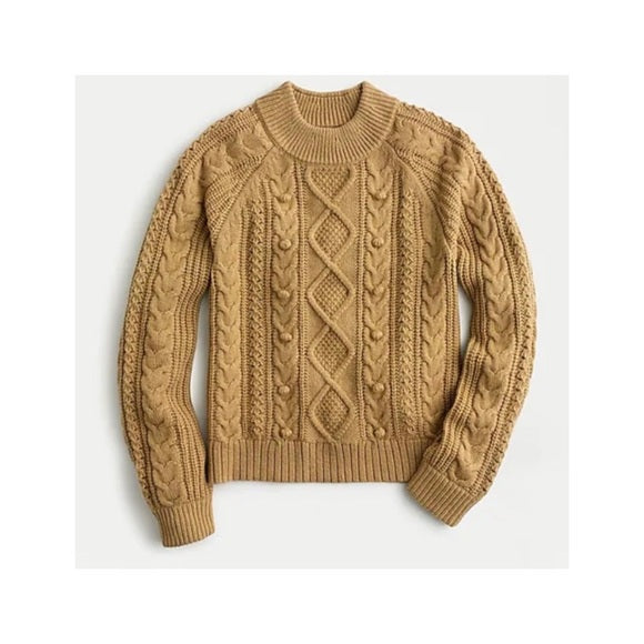J Crew Womens Tan Pompom Cable Knit Pullover Sweater Size S Lambswool