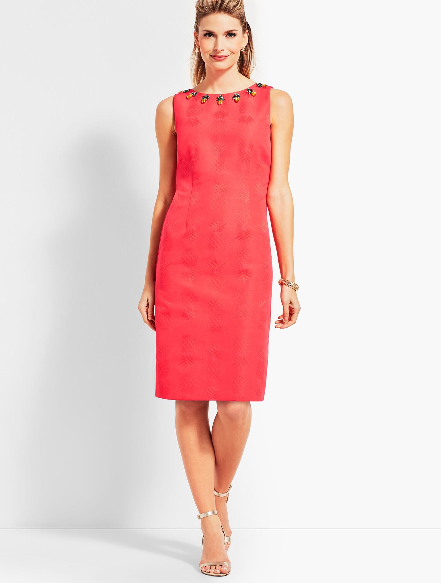 Talbots RSVP Coral Pineapple Embellished Jeweled Matelasse Sheath Dress Size 8P