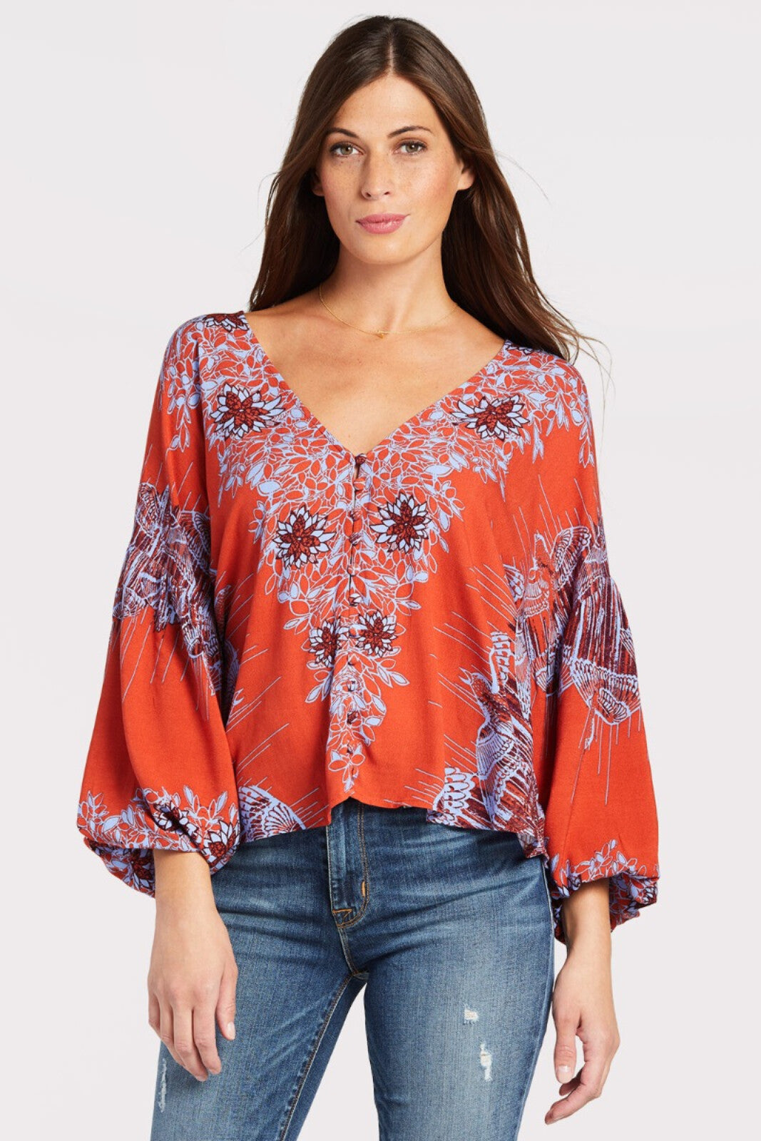 Free People Birds of a Feather Orange Floral Printed Top Blouse Size XS V Neck