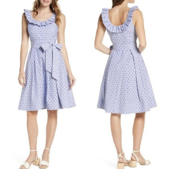 NWT 1901 Nordstrom Blue Striped Clip Dot Ruffle Tie Waist Fit and Flare Dress 4