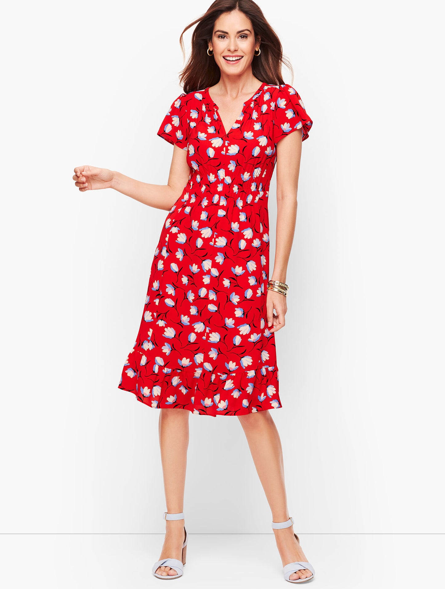 Talbots Womens Red Floral Print Flounce Hem Casual Dress Size 8 Black Blue