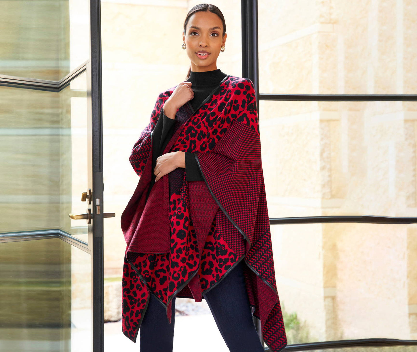 NWT Ming Wang Red Black Leopard Print Knit Hope Wrap Ruana Sweater One Size S M