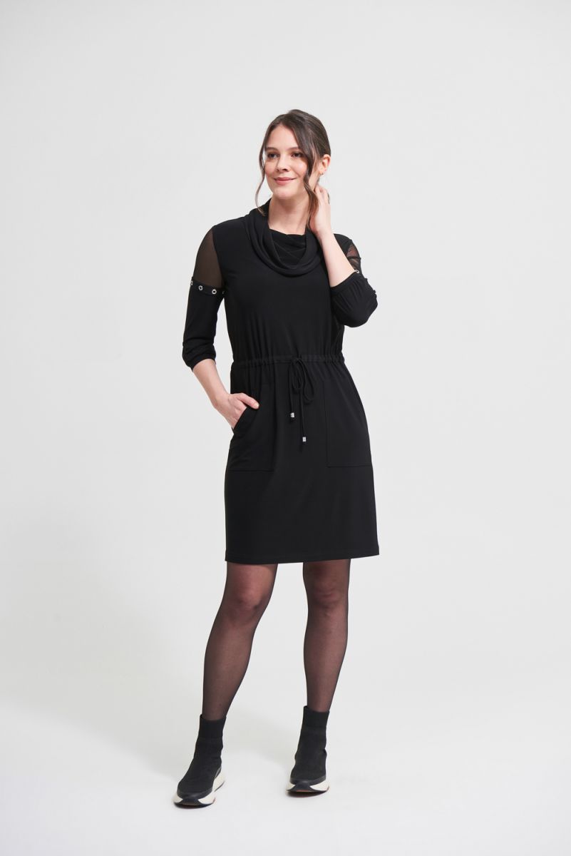 Joseph Ribkoff Black Drawstring Waist Mesh Sleeve Cowl Neck Shift Dress Size 6