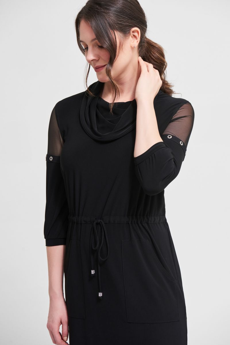Joseph Ribkoff Black Drawstring Waist Mesh Sleeve Cowl Neck Shift Dress Size 6