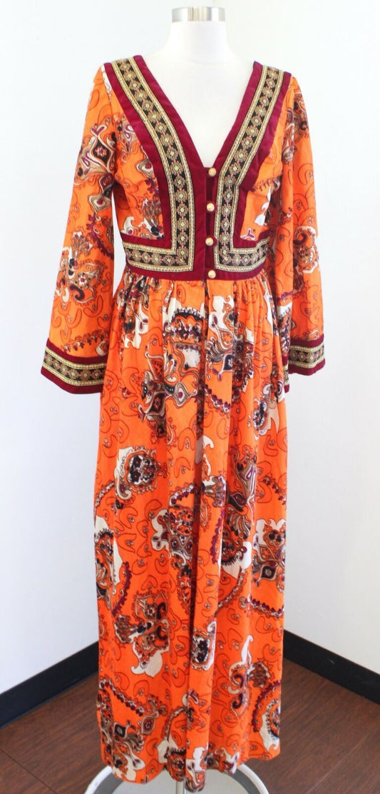 Vtg 70s Jay Morley Fern Violette Orange Velvet Paisley Maxi Dress Bohemian Boho