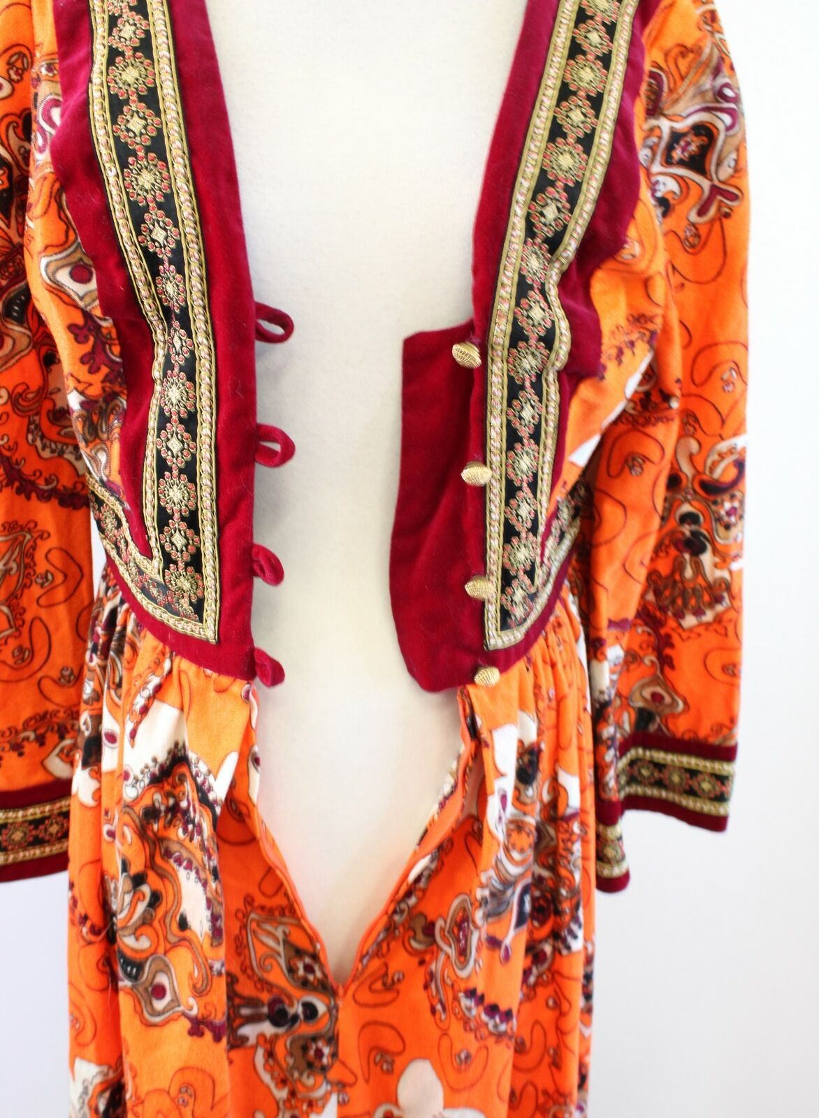 Vtg 70s Jay Morley Fern Violette Orange Velvet Paisley Maxi Dress Bohemian Boho