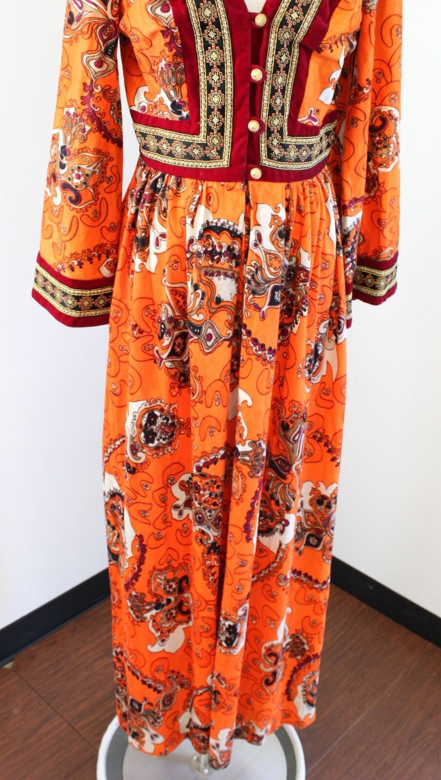 Vtg 70s Jay Morley Fern Violette Orange Velvet Paisley Maxi Dress Bohemian Boho