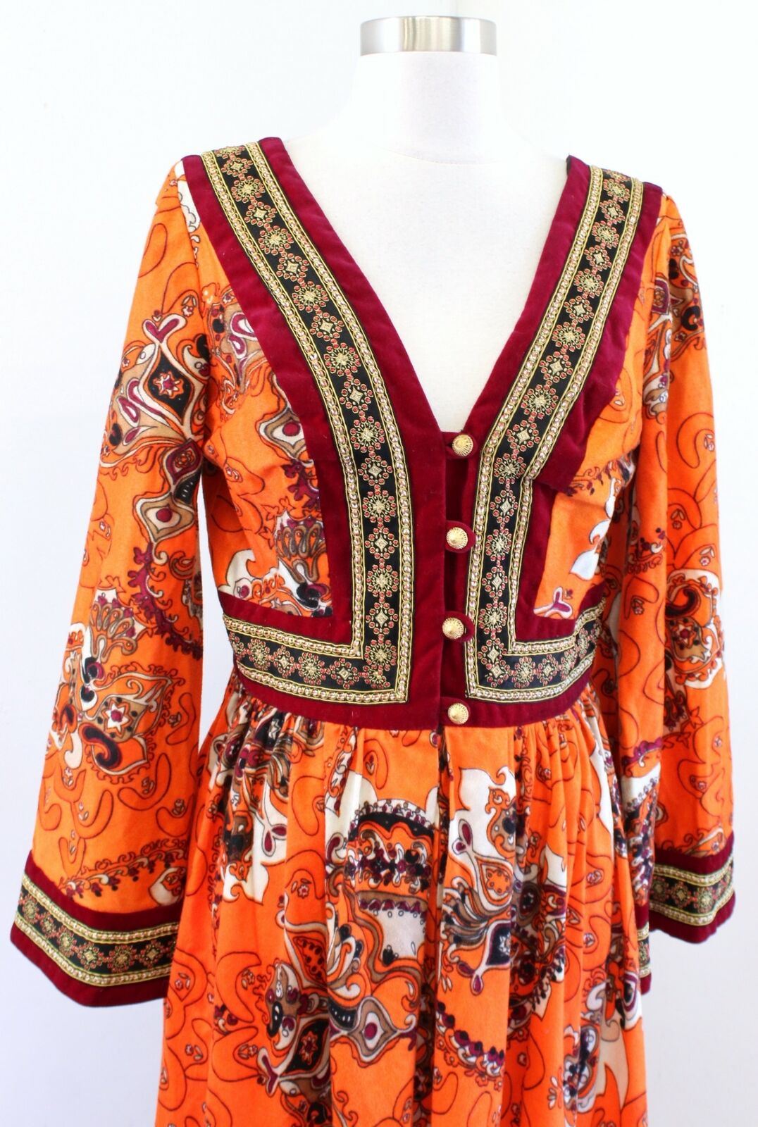 Vtg 70s Jay Morley Fern Violette Orange Velvet Paisley Maxi Dress Bohemian Boho