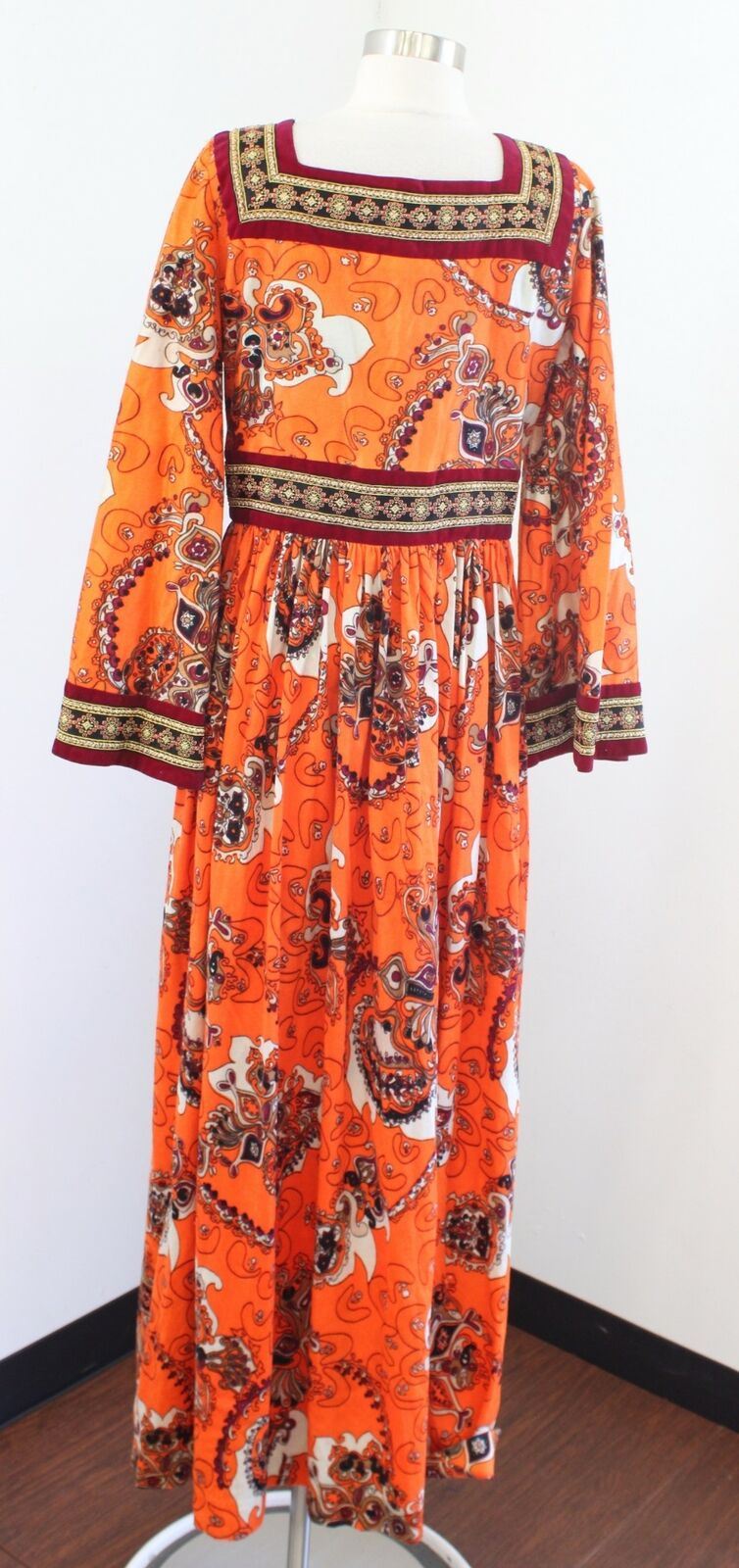 Vtg 70s Jay Morley Fern Violette Orange Velvet Paisley Maxi Dress Bohemian Boho