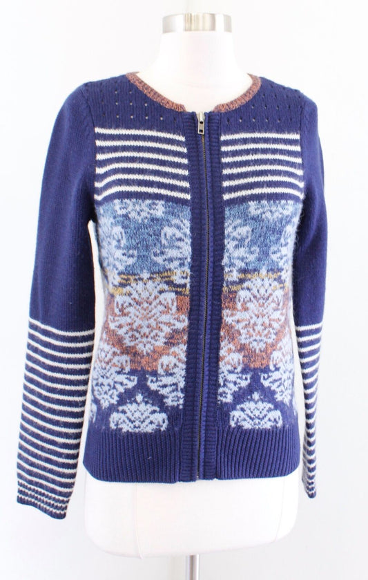 Sparrow Anthropologie Arras Navy Blue Zip Front Cardigan Sweater Wool Mohair S