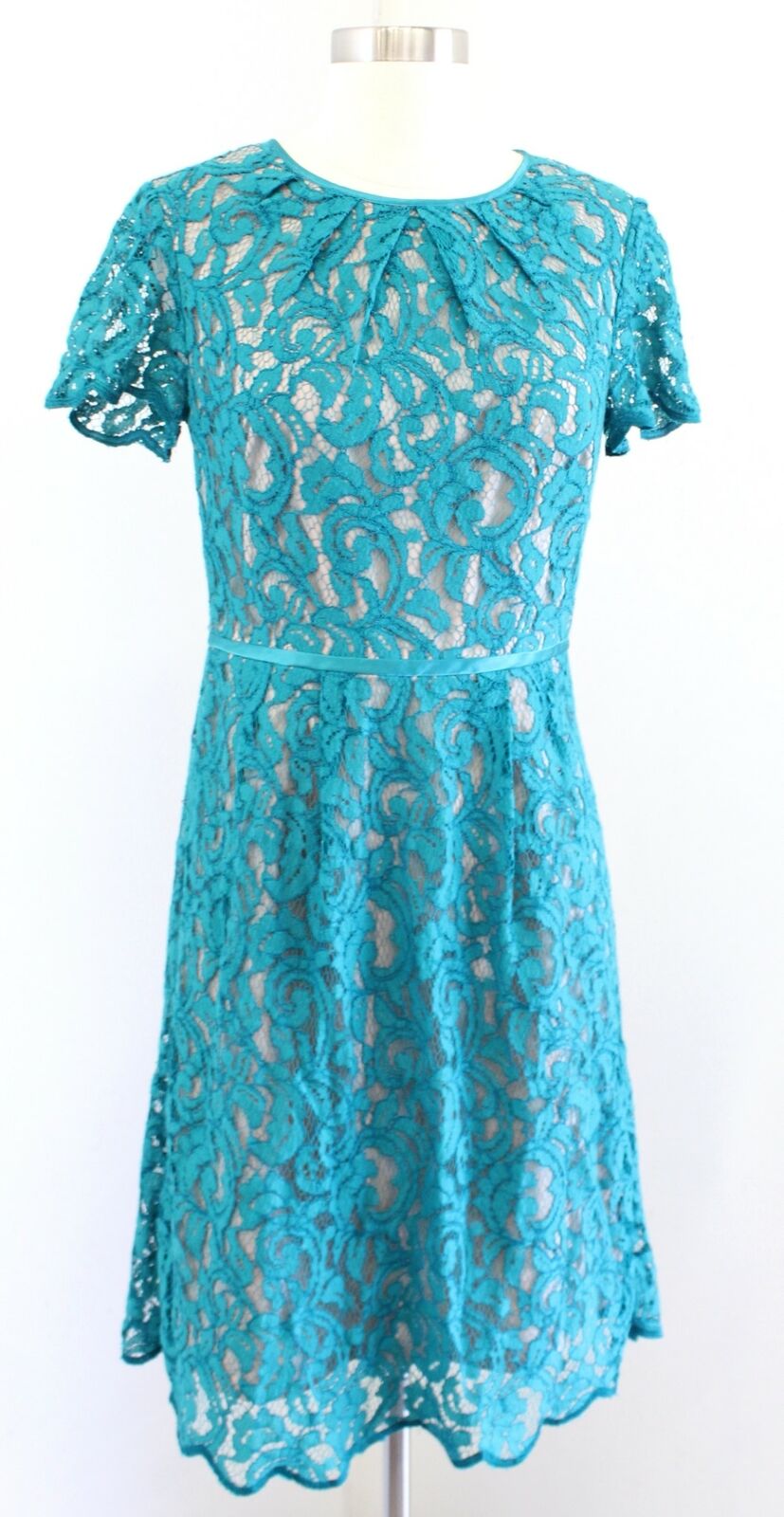 Adrianna Papell Teal Blue Lace Illusion Fit and Flare Cocktail Party Dress Sz 6