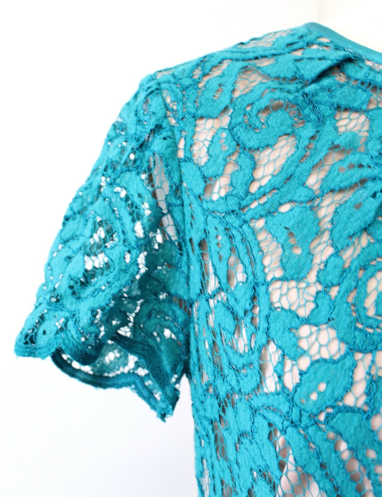 Adrianna Papell Teal Blue Lace Illusion Fit and Flare Cocktail Party Dress Sz 6