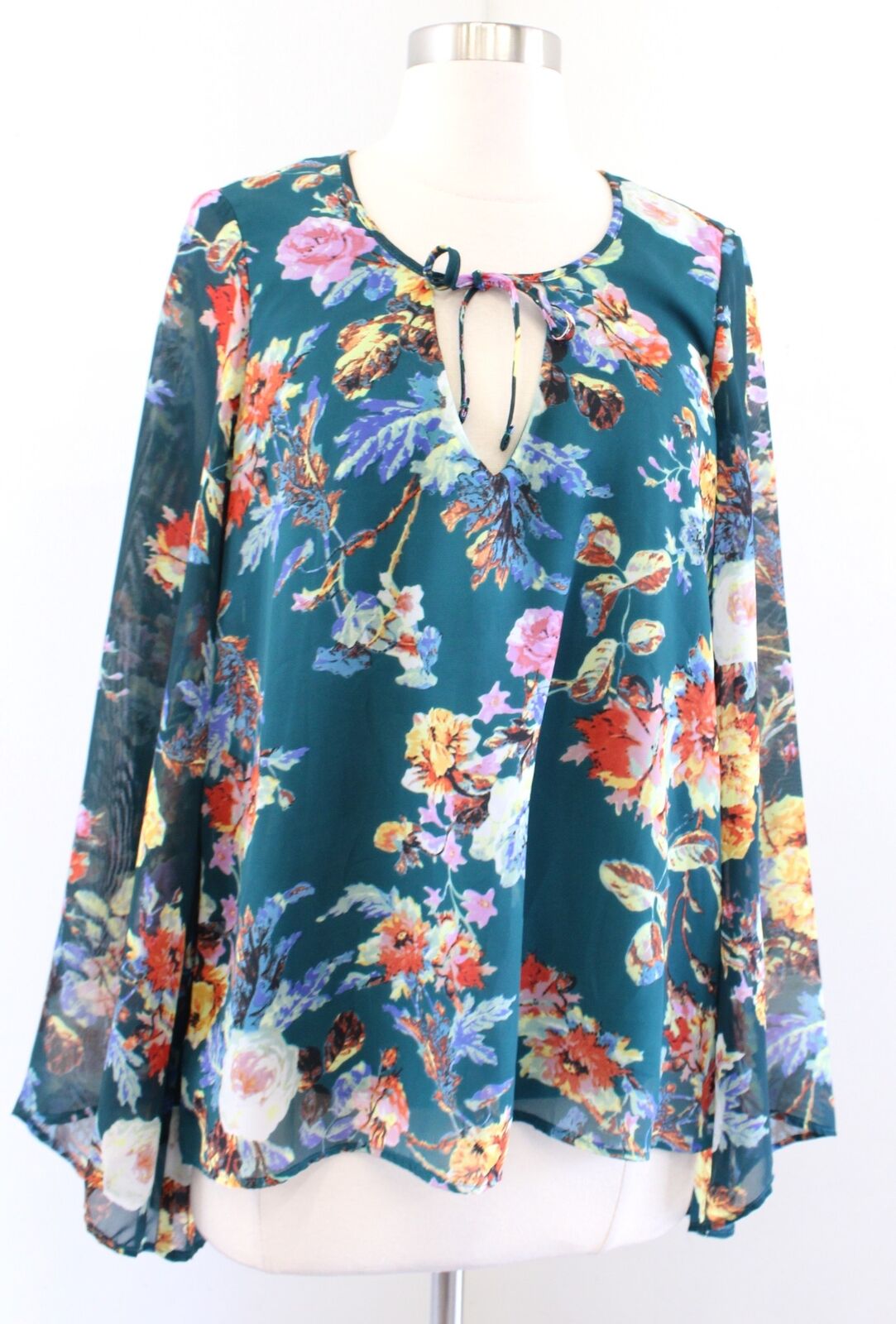 Show Me Your Mumu Teal Floral Print Bell Sleeve Top Blouse Size S Tie Neck
