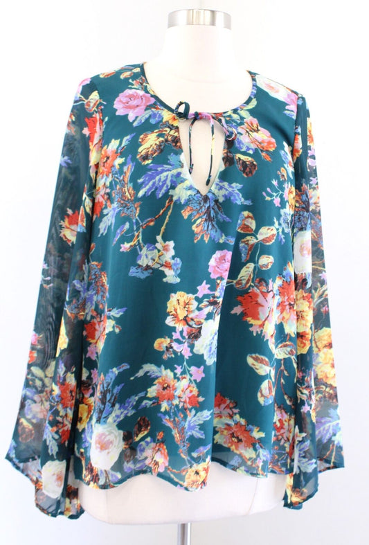 Show Me Your Mumu Teal Floral Print Bell Sleeve Top Blouse Size S Tie Neck