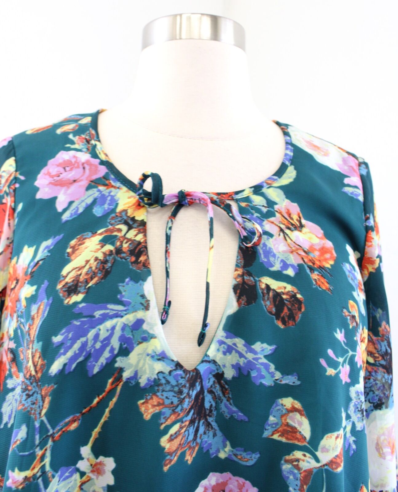 Show Me Your Mumu Teal Floral Print Bell Sleeve Top Blouse Size S Tie Neck