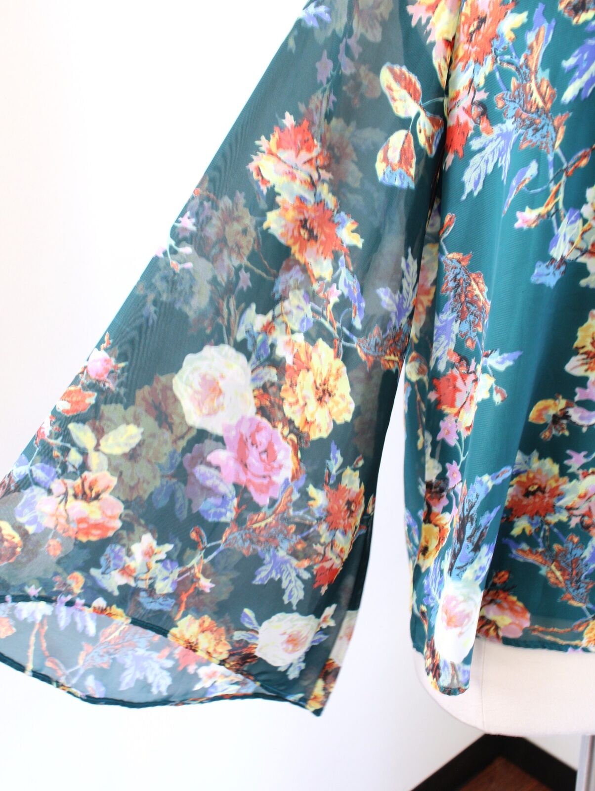 Show Me Your Mumu Teal Floral Print Bell Sleeve Top Blouse Size S Tie Neck