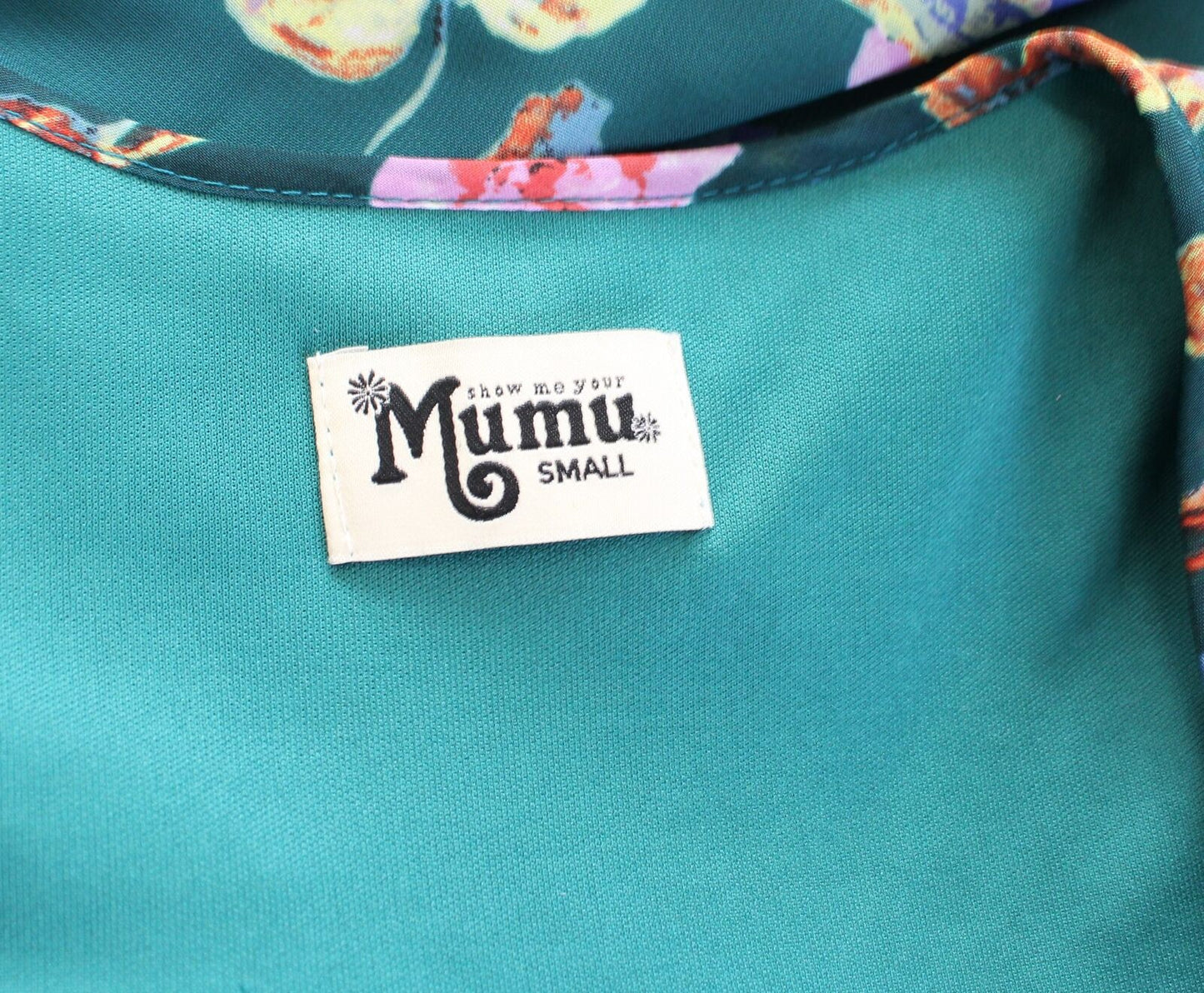 Show Me Your Mumu Teal Floral Print Bell Sleeve Top Blouse Size S Tie Neck