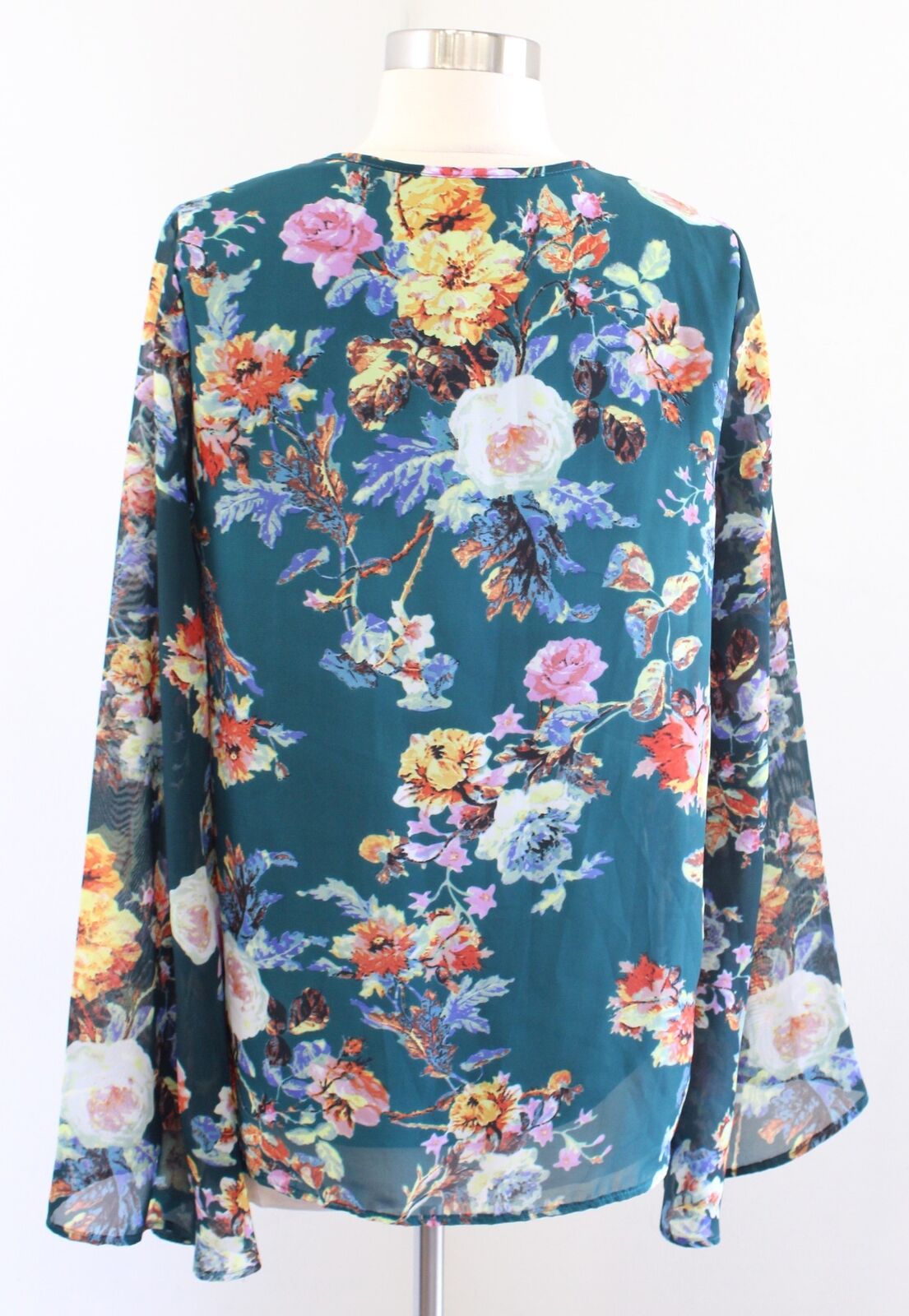 Show Me Your Mumu Teal Floral Print Bell Sleeve Top Blouse Size S Tie Neck