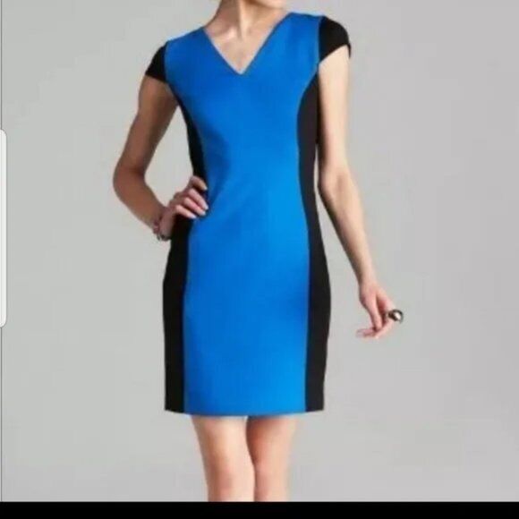 NWT Michael Kors Blue Black Color Block V Neck Cap Sleeve Knit Dress Size 8